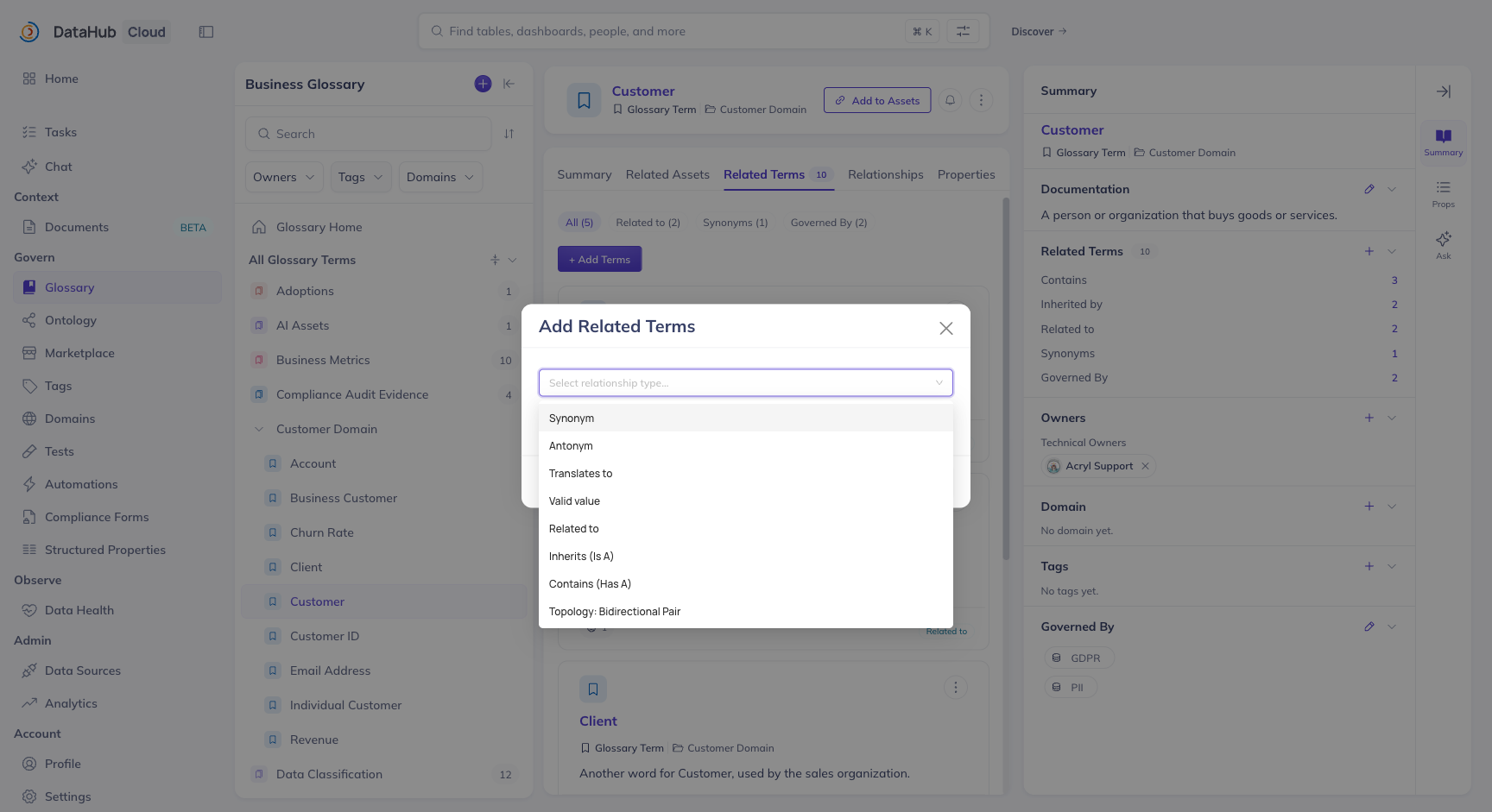 The Add Related Terms modal with the relationship type picker open
